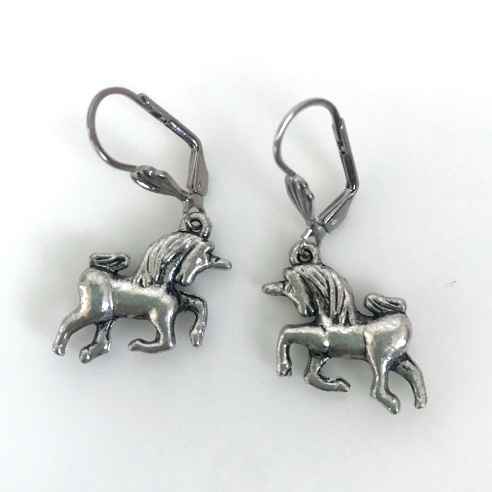Vintage unicorn earrings pewter silver tone drops